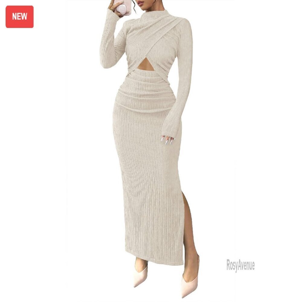 Long Sleeve Maxi Dress Bodycon Ruched Cutout Formal Cocktail